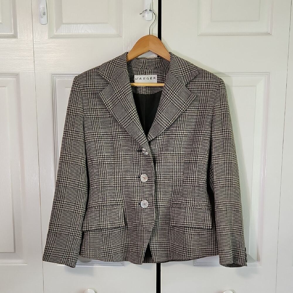 Vintage Jaeger Womens Houndstooth Blazer Size‎ SM Gray & White Single Breasted